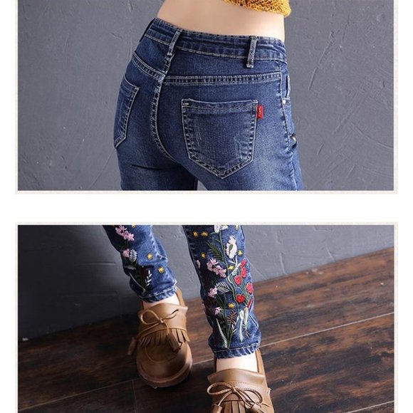 Flower Embroidered Jeans For Women Plus Size Skinn - Picture 2 of 4